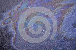 Oil stain on the asphalt, rainbow-shaped colored gasoline stains on an asphalt road as a texture or background.