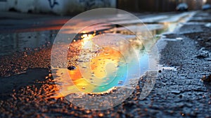 Oil stain on the asphalt, rainbow-shaped colored gasoline stains on an asphalt road as a texture or background. Oil