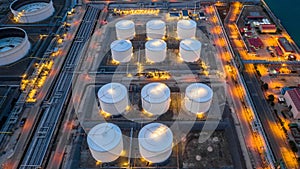 Oil storage tank, Gas storage tank at night, Petrochemical industrial, Aerial view oil and gas storage