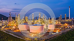 Oil storage tank with oil refinery plant background at twilight, Aerial view oil refinery, refinery plant, refinery factory and