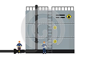 Oil storage tank. Steel container with pipe and ladder. Oilman worker turns pipeline valve, engineer controls the work. Oil