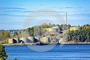 Oil storage tanks on Stockholm archipelago coast