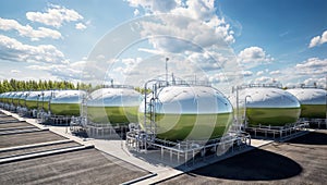 Oil storage tanks on a sunny day with blue sky and clouds, generative ai