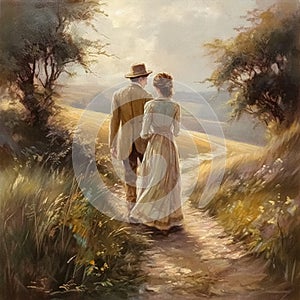 Oil style fine art painting of romantic vintage couple in the English countryside, country nature in soft pastel colours