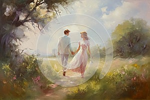 Oil style fine art painting of romantic vintage couple in the English countryside, country nature in soft pastel colours