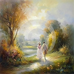 Oil style fine art painting of romantic vintage couple in the English countryside, country nature in soft pastel colours