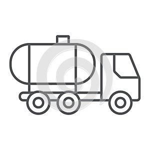 Oil tank thin line icon, fuel and car, oil transportation sign, vector graphics, a linear pattern on a white background.