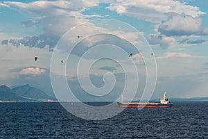 Oil tanker anchored in the area in front of Split, Croatia harbour, town seen in the distance. Second largest city in the republic