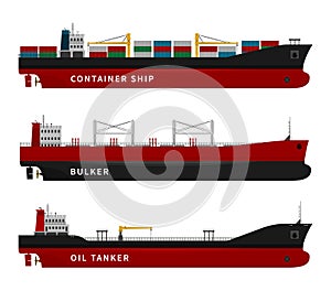 Oil tanker, container ship, bulker isolated set.