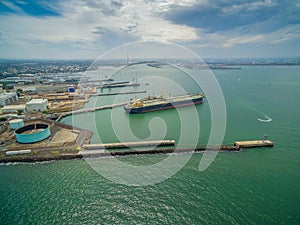 Oil tanker docked in Williamstown - aerial view. Melbourne, Australia.