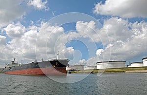 Oil tanker moored at storage terminal