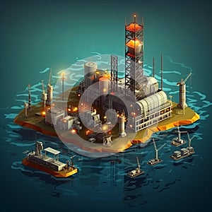 Oil tanker in the ocean, illustration of an old station in the middle of the water. hazardous waste in the water.