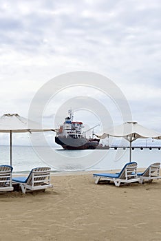 Oil tanker ship on Picnic Center Beach Big Corn Island Nicaragua