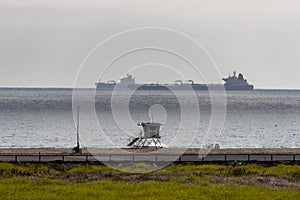 Oil tankers anchored off Southern California shore