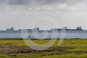 Oil tankers anchored off Southern California shore