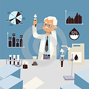 Oil test in special laboratory, vector illustration. Elderly male character scientist conduct experimental test to check