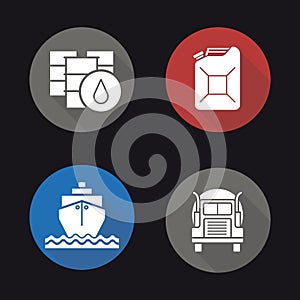 Oil transportation flat design long shadow icons set