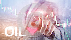 Oil trend down. Candle graph chart Oil barrels and a financial chart on abstract business background. Price oil down. Barrel arro
