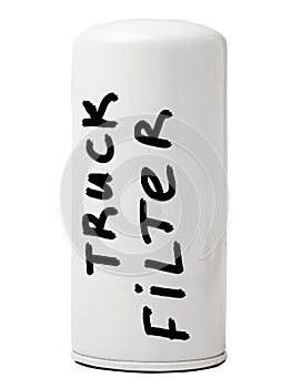 Oil truck filter on a white isolated background in a photo studio removes contaminants from oils entering the lubrication system,