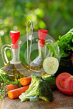 Oil vinegar and vegetables.