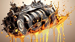 Oil wave splashing in Car engine with lubricant oil. Concept of lubricate motor oil and Gears. Generative AI