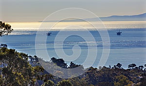 Oil Well Platforms Morning Pacific Ocean Landscape Santa Barbara