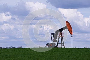 Oil well pump jack in green field