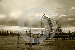 Oil well pumps. Monochrome.