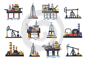 Oil well and rig. Petroleum industry oil pump tower and derrick drilling for crude oil, extraction and transportation of