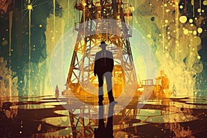 An oil well with the silhouette of a person in a business suit standing in front of it, double exposure style. Generative AI