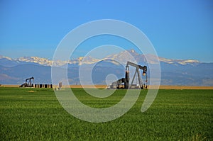 Oil Wells, Pump Jack , corn field and Mountains