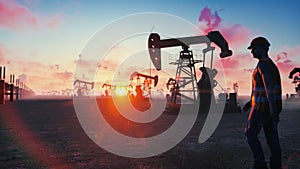 Oil worker inspects oil pumps at sunrise on the background of cloudless beautiful sky. 3D Rendering