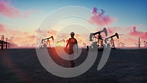 Oil worker inspects oil pumps at sunrise on the background of cloudless beautiful sky. 3D Rendering