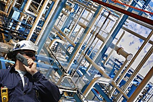 Oil worker with pipelines constructions