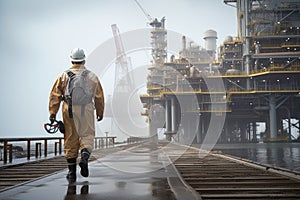 oil worker on the platform in the industrial port, An offshore oil rig worker walks to an oil and gas facility to work in the