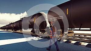 Oil worker walks past the railway with Rail tank cars driving on it. 3D Rendering