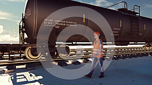 Oil worker walks past the railway with Rail tank cars driving on it. 3D Rendering