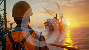 oil worker wearing a new safety helmet standing on offshore platform. ai generative