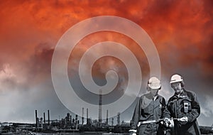 Oil workers in front of giant refinery