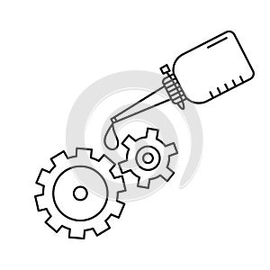 Oiler with dripping drop of oil lubricating two spinning gears. Linear icon of motor oil. Black simple illustration. Contour