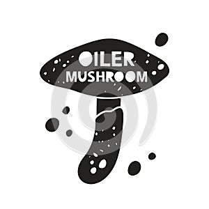 Oiler mushroom grunge sticker. Black texture silhouette with lettering inside. Imitation of stamp, print with scuffs