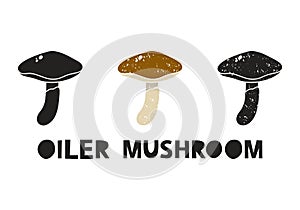 Oiler mushroom or Slippery Jack, silhouette icons set with lettering. Imitation of stamp, print with scuffs