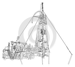 Oilfield coiled tubing equipment. Coiled tubing reel on a trailer. The layers of visible and invisible lines are