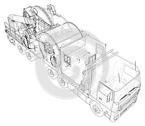 Oilfield coiled tubing equipment. Coiled tubing reel on a trailer. The layers of visible and invisible lines are