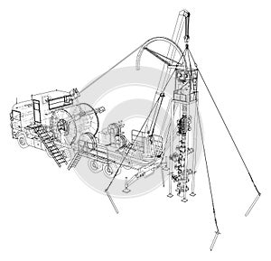 Oilfield coiled tubing equipment. Coiled tubing reel on a trailer. The layers of visible and invisible lines are