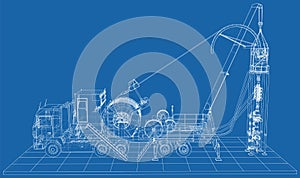 Oilfield coiled tubing equipment. Coiled tubing reel on a trailer. The layers of visible and invisible lines are