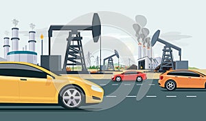 Oilfield with oil pumps with fossil coal gas power stations and cars traffic