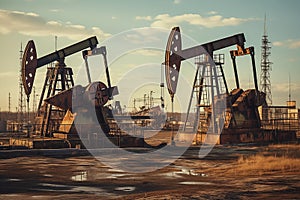 An oilfield site is equipped with drilling derricks for fossil fuel extraction as well as crude oil production pumps.