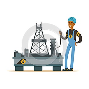 Oilman inspecting equipment on an oil rig drilling platform, oil industry extraction and refinery production vector