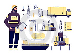 Oilman. Oil industrial environment, petroleum technology. Factory worker, tanker ship, pipes and barrels. Vector